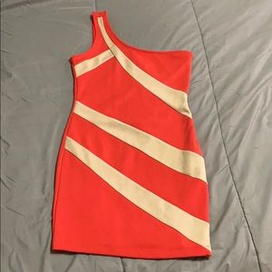 Coral and Tan One Shoulder Dress